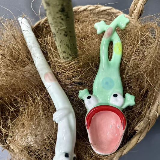 Handmade Whimsical Frog Ceramic Bowl, Spoon & Straw Set