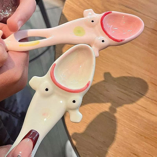 Handmade Whimsical Frog Ceramic Bowl, Spoon & Straw Set