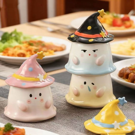 Little Ghost Ceramic Mug with Witch Hat Lid