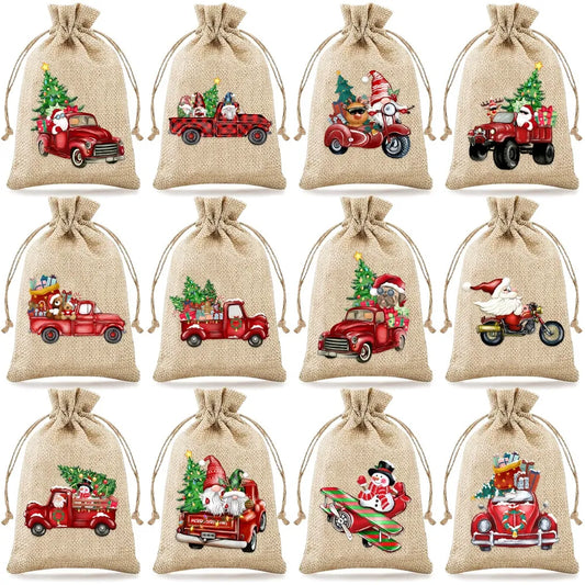 Christmas Linen Drawstring Gift Bags