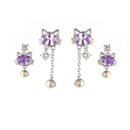 Gothic Purple Cat Stud Earrings with Dangle Star