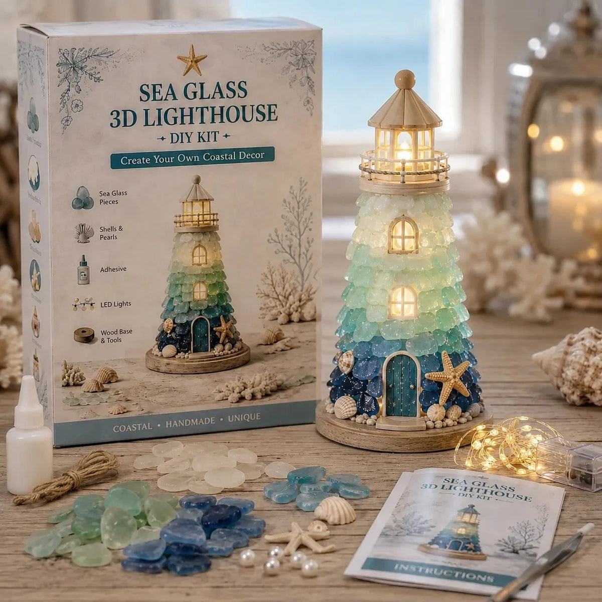 DIY Lighthouse Kit with LED Lights & Sea-Glass-Style Pieces