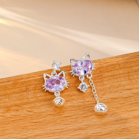 Gothic Purple Cat Stud Earrings with Dangle Star